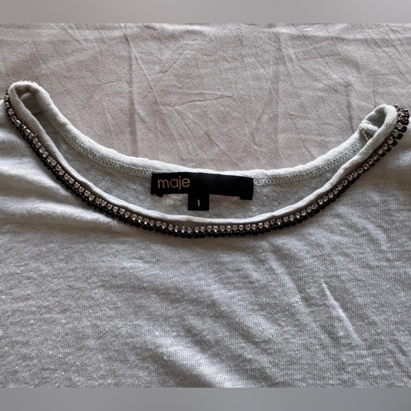 Maje Ice Blue Linen Rhinestone Embellished Tee - Size 1 S - Picture 2 of 10